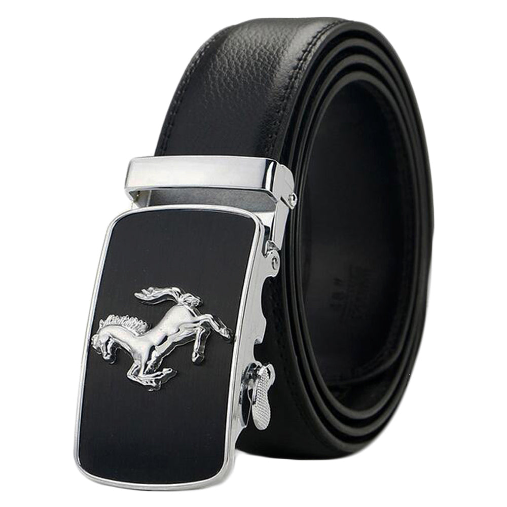 Mens Prancing Horse Ratchet Leather Belt Durable Automatic Sliding Buckle Q5083