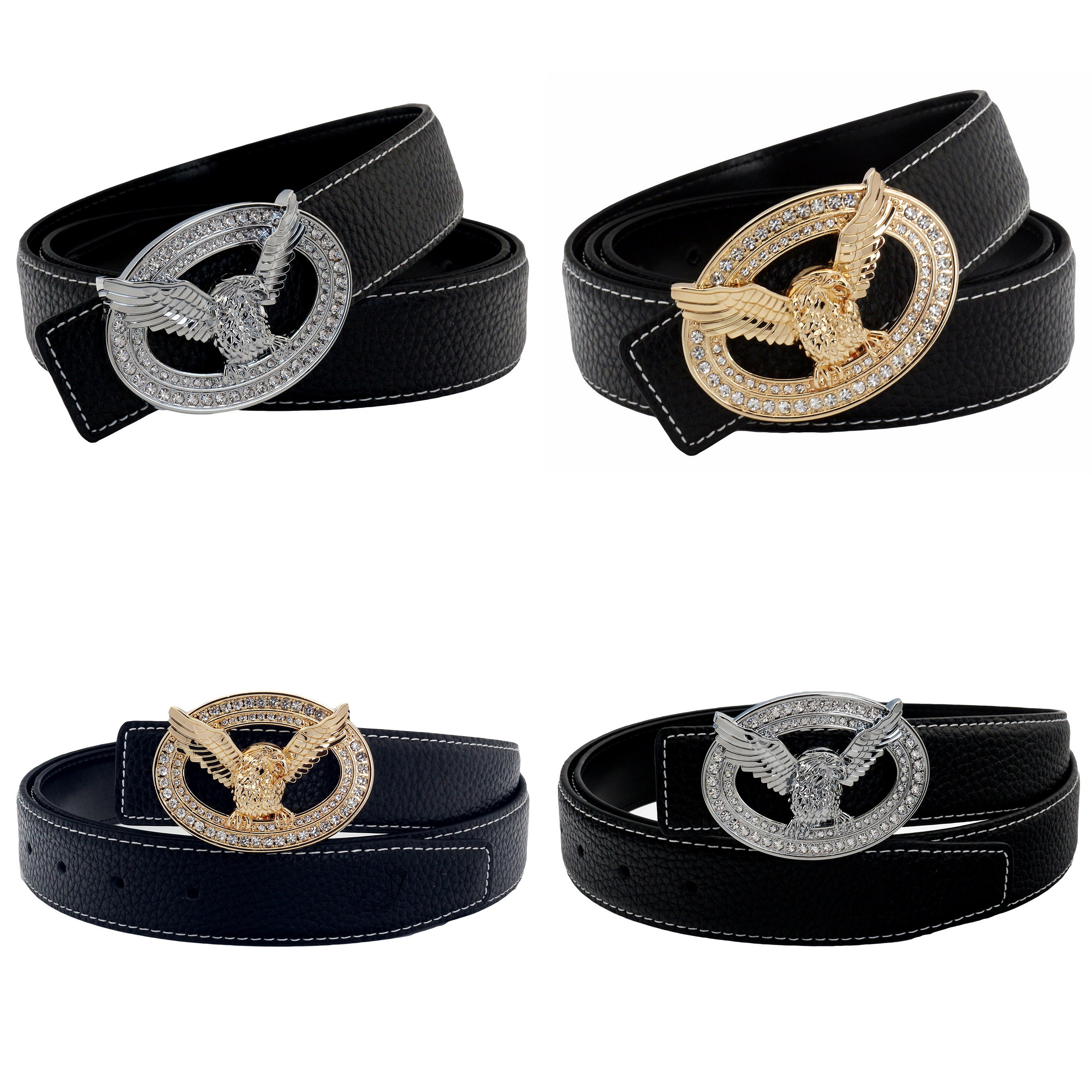 QHA Mens Designer Leather Belt Eagle Diamond Belt Buckle 32mm Wide Q51