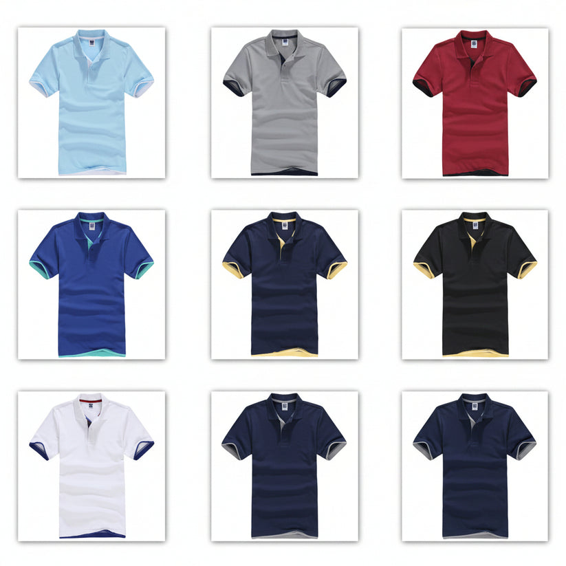 Grid of various polo shirts in different Colours on a white background
