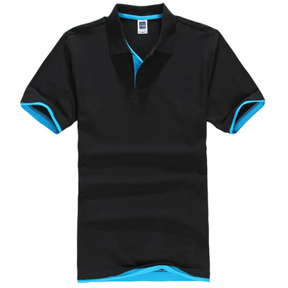 Black polo shirt with blue accents on a white background