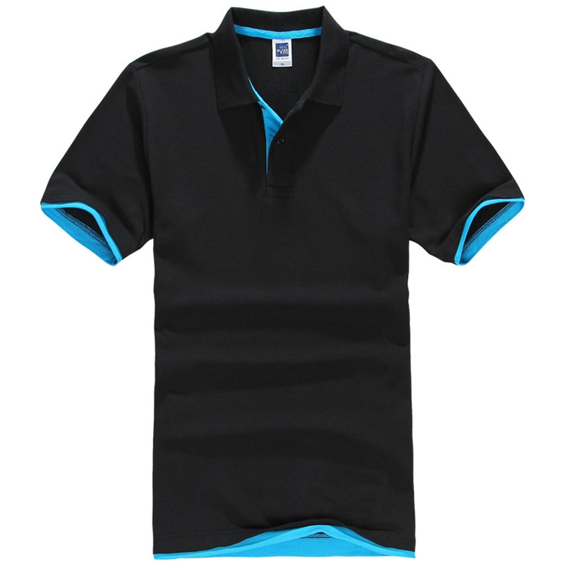 Black polo shirt with blue accents on a white background
