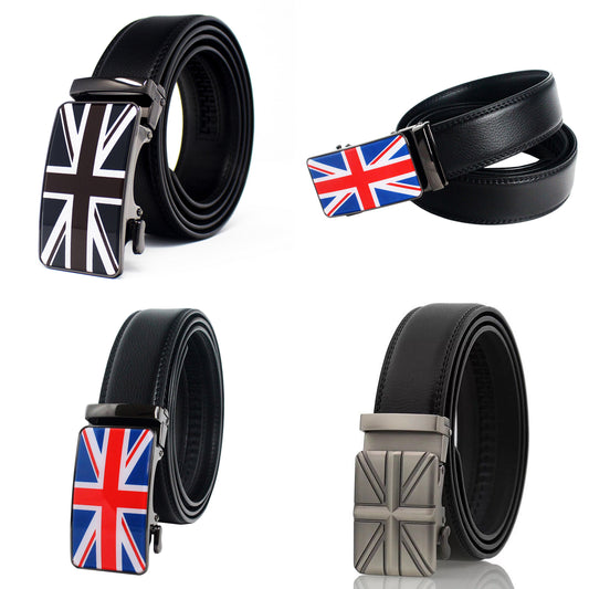 QHA Mens Ratchet Leather Belt Union Jack British Flag Automatic Buckle Q53