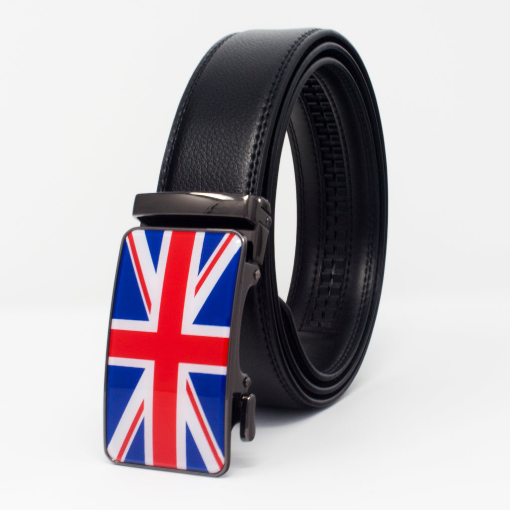 QHA Mens Ratchet Leather Belt Union Jack British Flag Automatic Buckle Q53