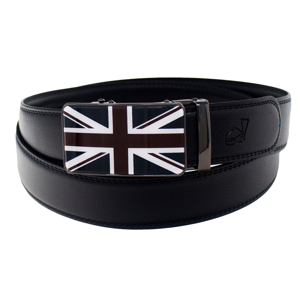 QHA Mens Ratchet Leather Belt Union Jack British Flag Automatic Buckle Q53