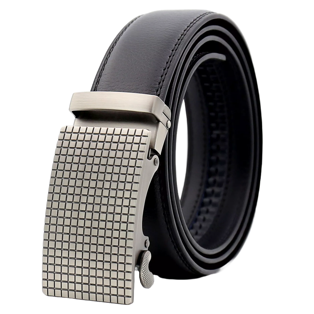 QHA Mens 35mm Ratchet Leather Belt, Offset Stripe Automatic Buckle Q54