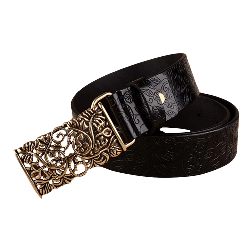 QHA Womens 30mm Floral Embossed Leather Belt, Ornate Buckle Q60 - QHA UK