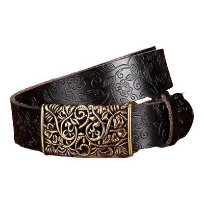 QHA Womens 30mm Floral Embossed Leather Belt, Ornate Buckle Q60