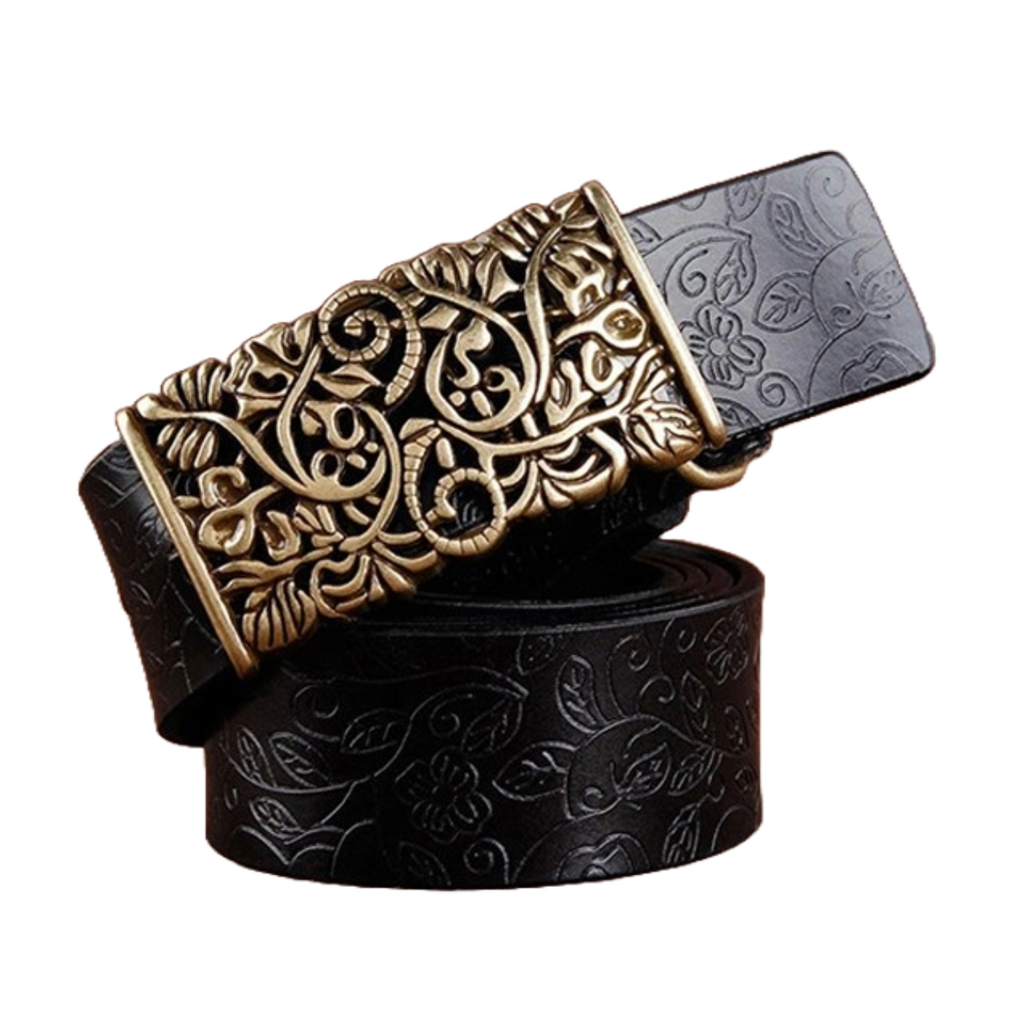 QHA Womens 30mm Floral Embossed Leather Belt, Ornate Buckle Q60