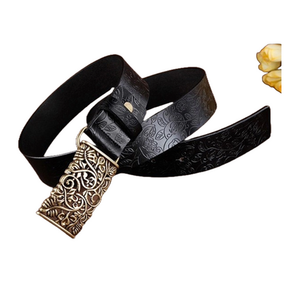 QHA Womens 30mm Floral Embossed Leather Belt, Ornate Buckle Q60