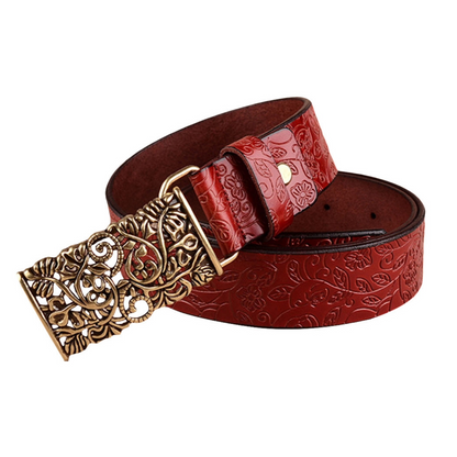 QHA Womens 30mm Floral Embossed Leather Belt, Ornate Buckle Q60