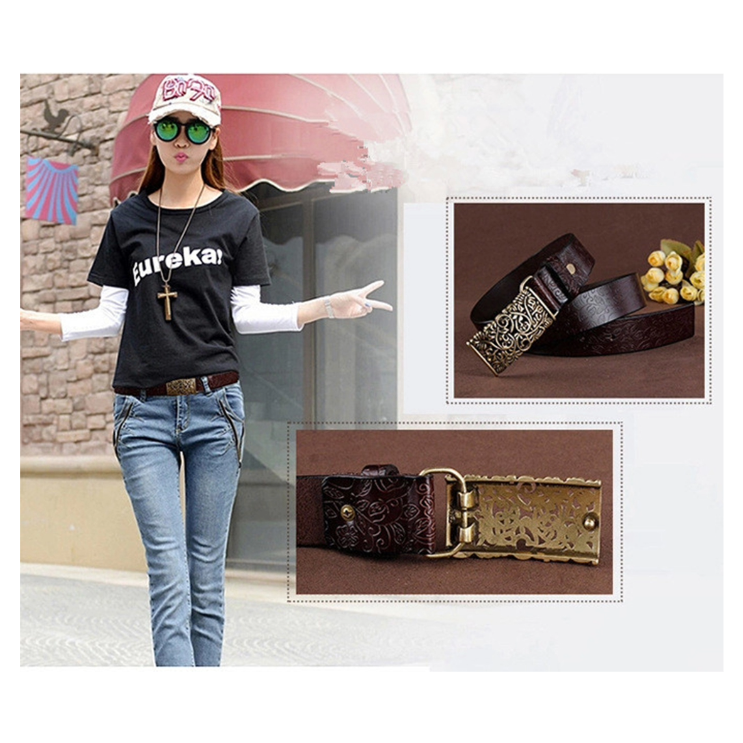 QHA Womens Real Leather Belt Floral Design Casual Pin Buckle 30mm Wide Q60