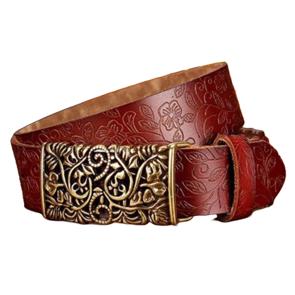 QHA Womens Real Leather Belt Floral Design Casual Pin Buckle 30mm Wide Q60