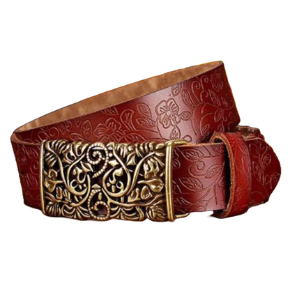 QHA Womens 30mm Floral Embossed Leather Belt, Ornate Buckle Q60