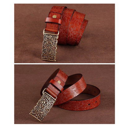 QHA Womens 30mm Floral Embossed Leather Belt, Ornate Buckle Q60
