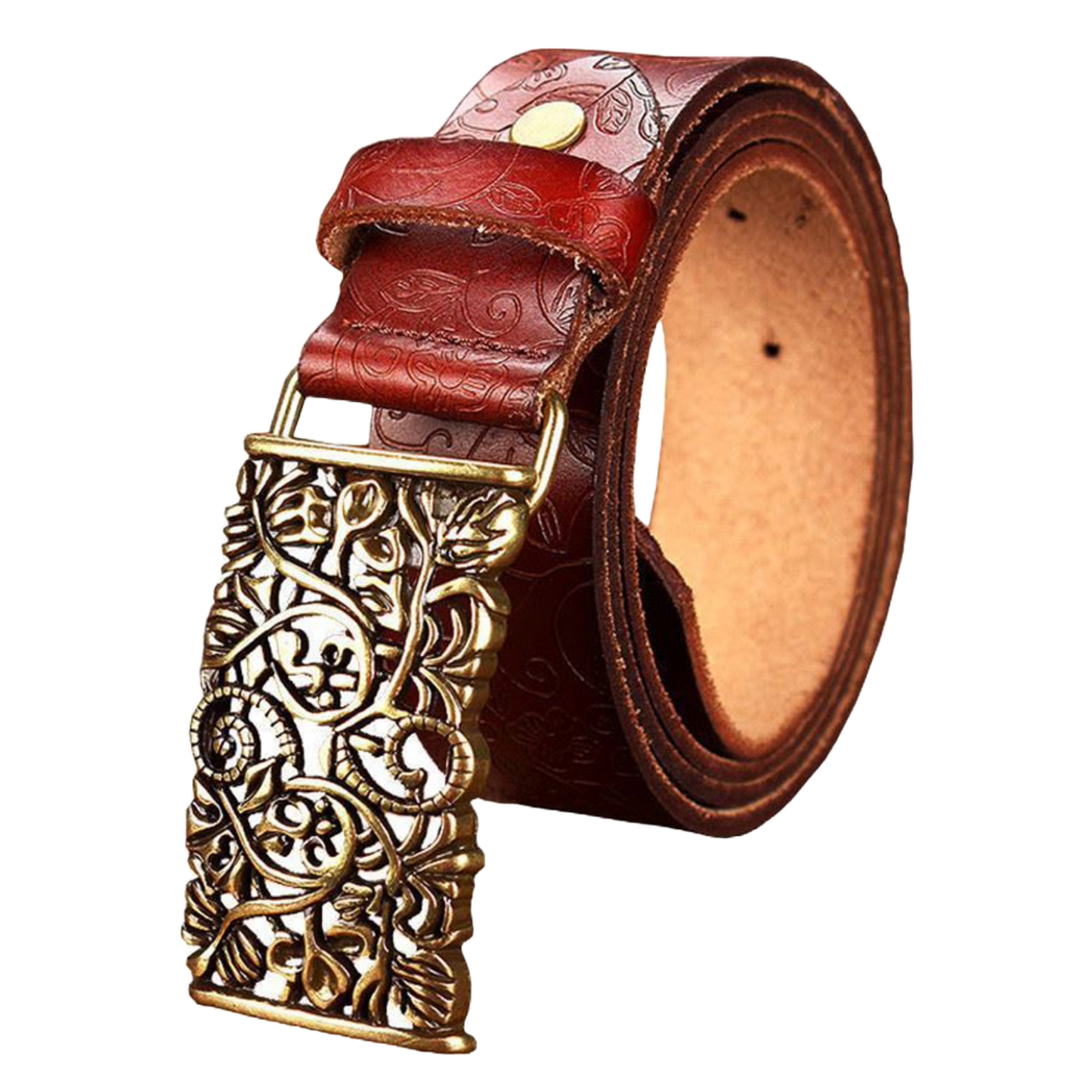 QHA Womens 30mm Floral Embossed Leather Belt, Ornate Buckle Q60
