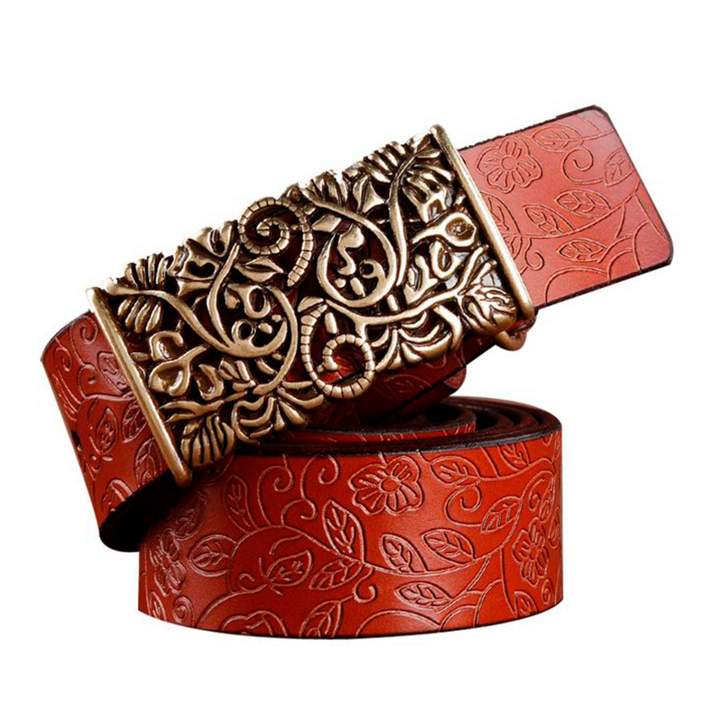 QHA Womens 30mm Floral Embossed Leather Belt, Ornate Buckle Q60