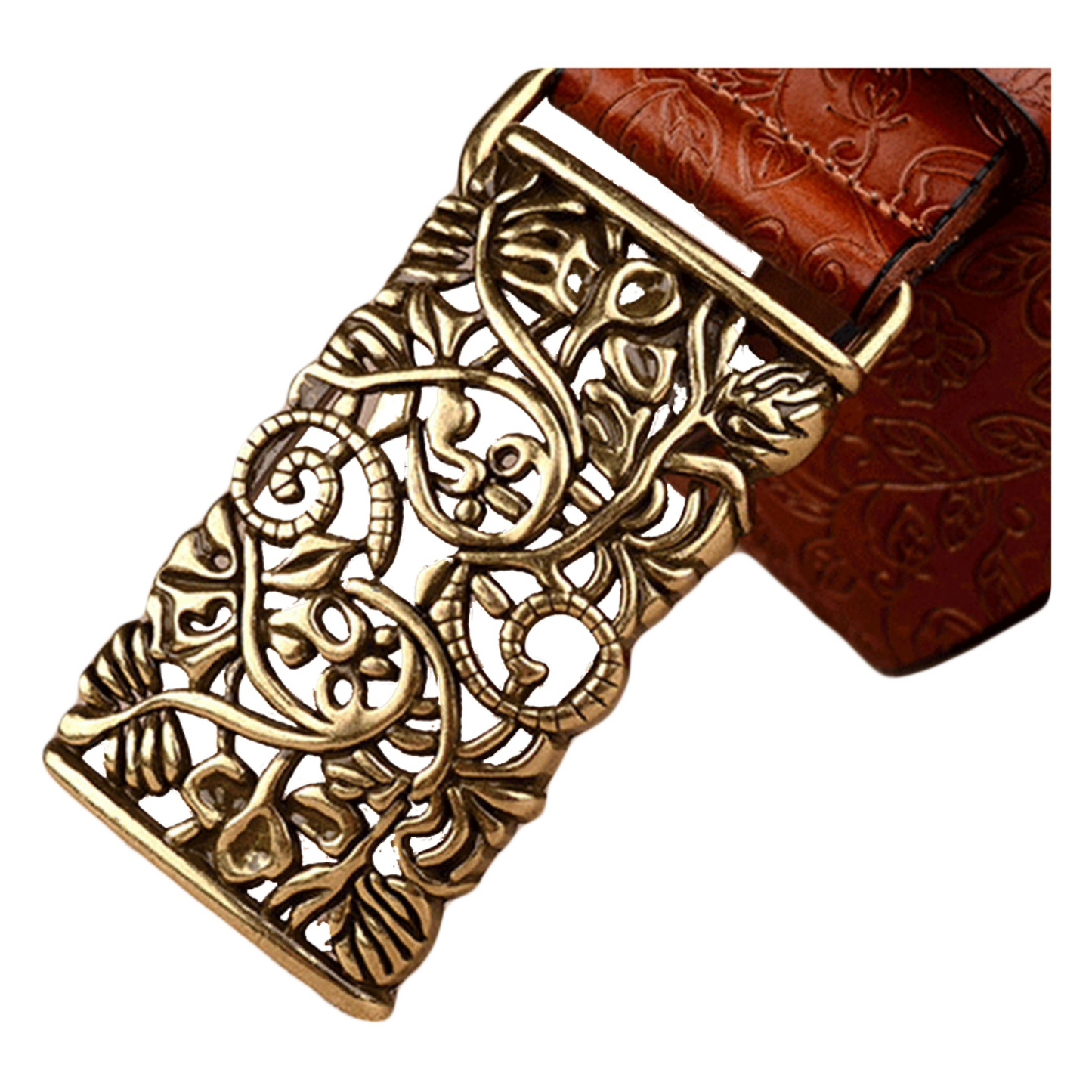 QHA Womens 30mm Floral Embossed Leather Belt, Ornate Buckle Q60