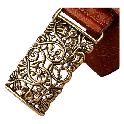 QHA Womens 30mm Floral Embossed Leather Belt, Ornate Buckle Q60