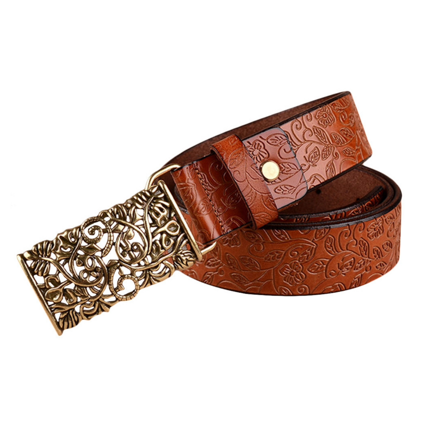 QHA Womens 30mm Floral Embossed Leather Belt, Ornate Buckle Q60