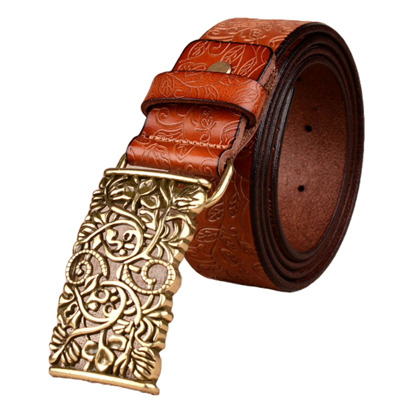 QHA Womens 30mm Floral Embossed Leather Belt, Ornate Buckle Q60