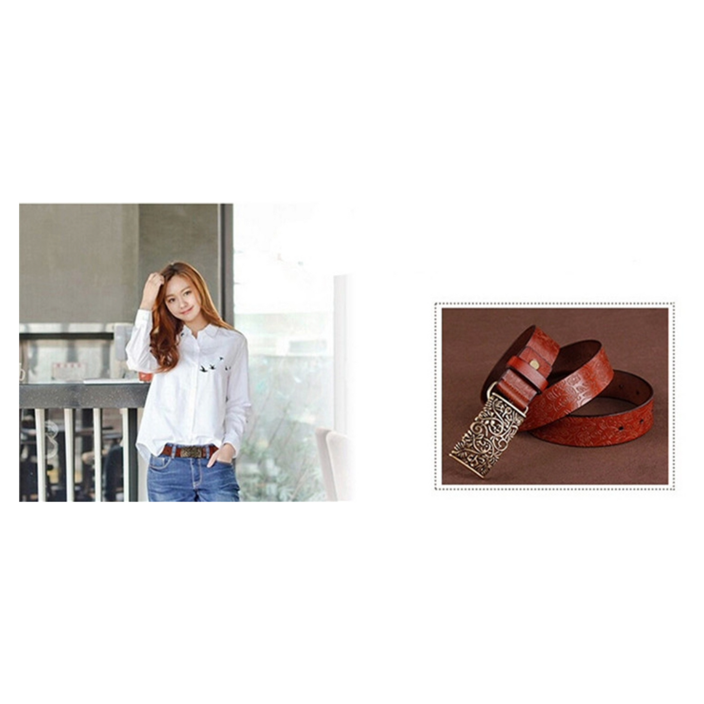QHA Womens 30mm Floral Embossed Leather Belt, Ornate Buckle Q60