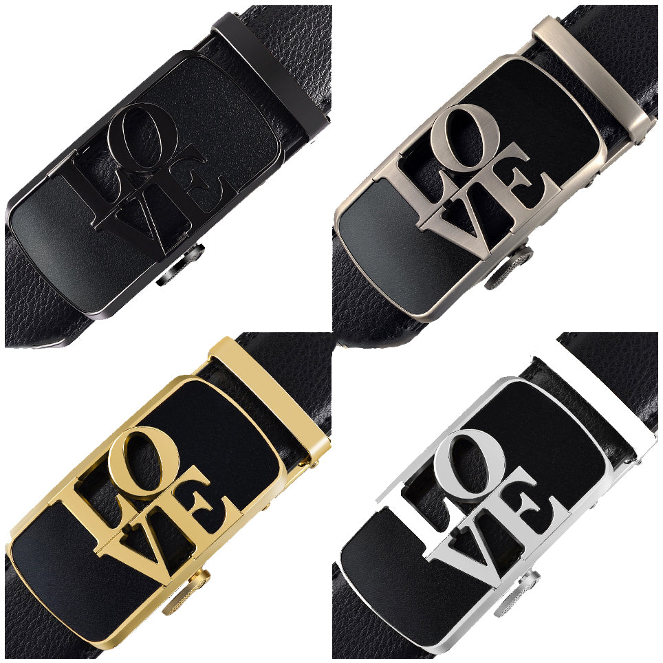 QHA Womens Love Ratchet Leather Belt Designer Casual Automatic Buckle 35mm Wide Q61