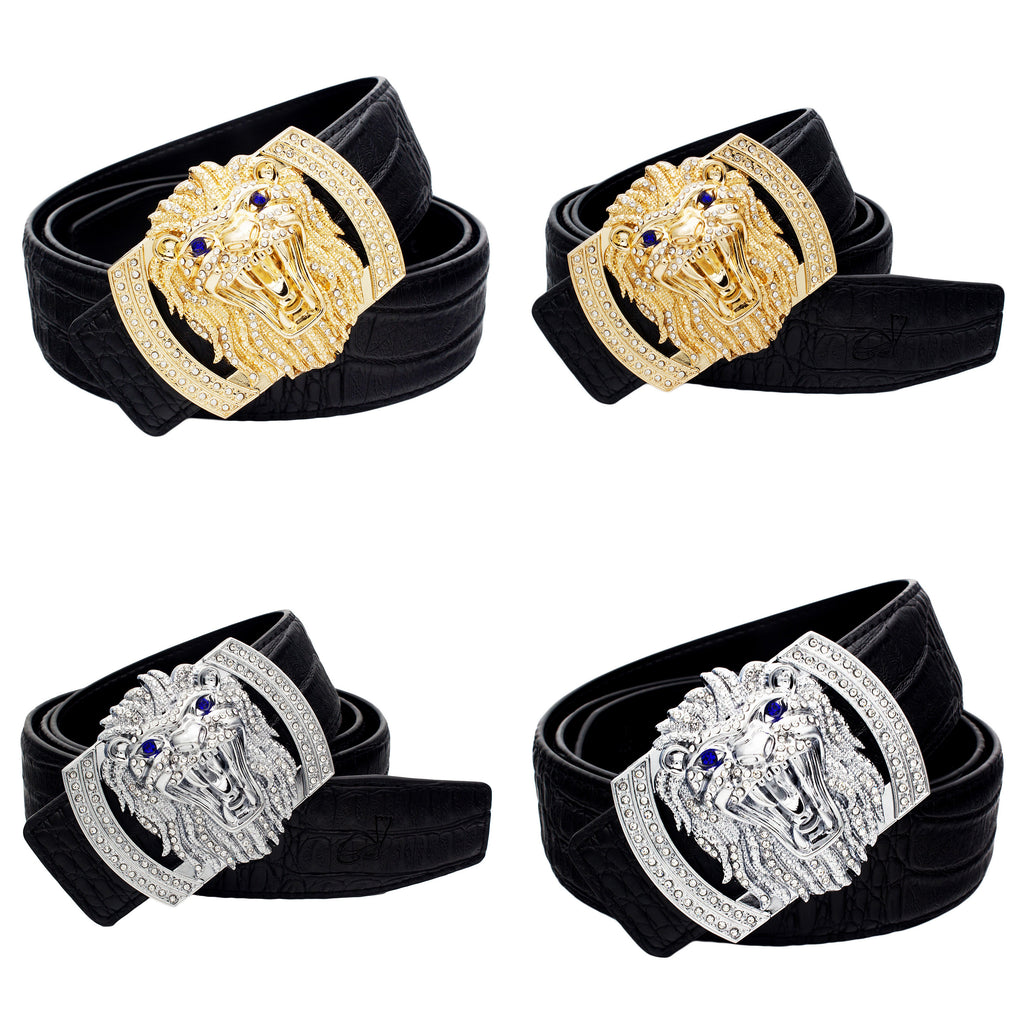 QHA Mens Designer Leather Belt Lion Diamond Buckle 38mm Wide Q74