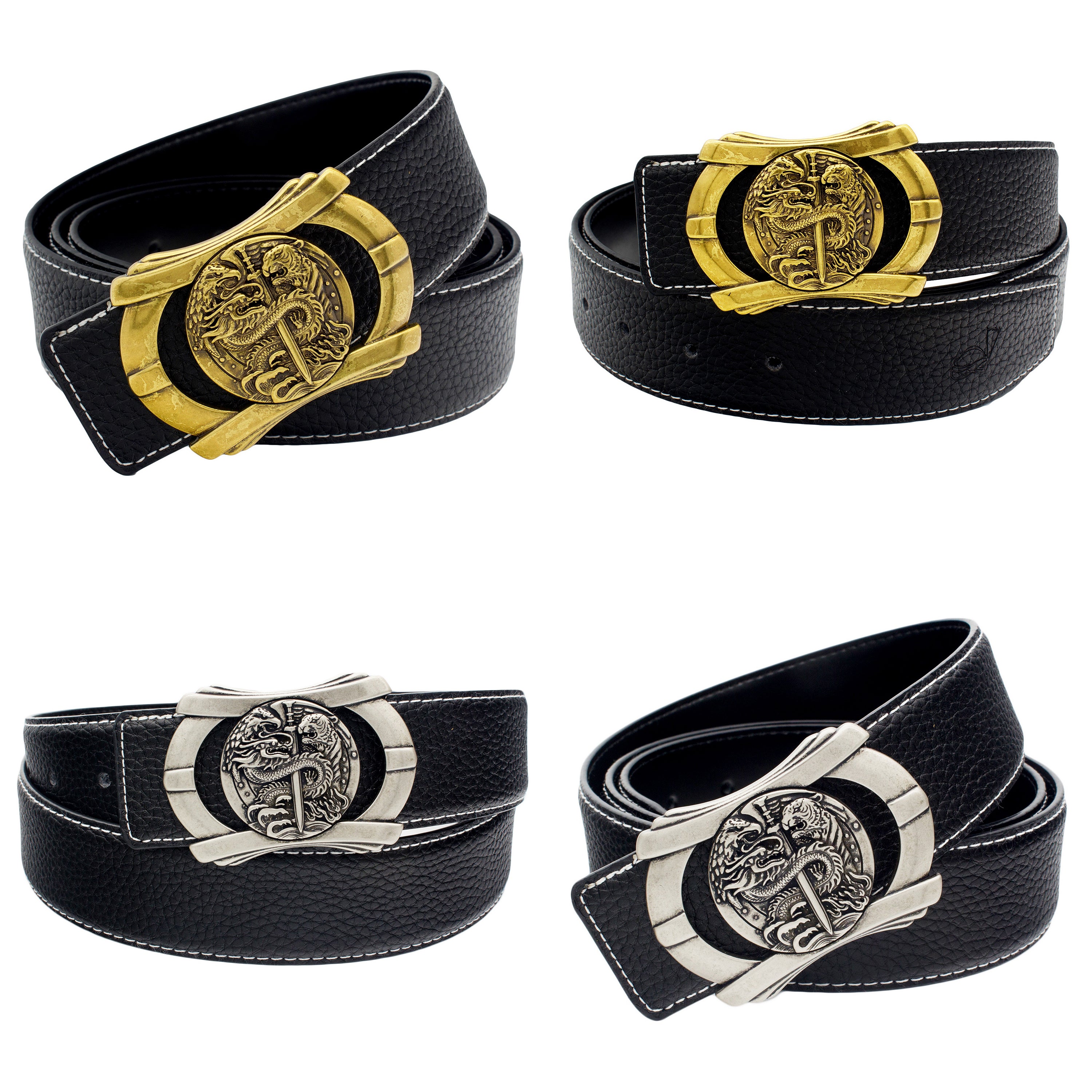 QHA Mens Designer Leather Belt Multi Dragon Themed Pin Buckle 38mm Wide Q76