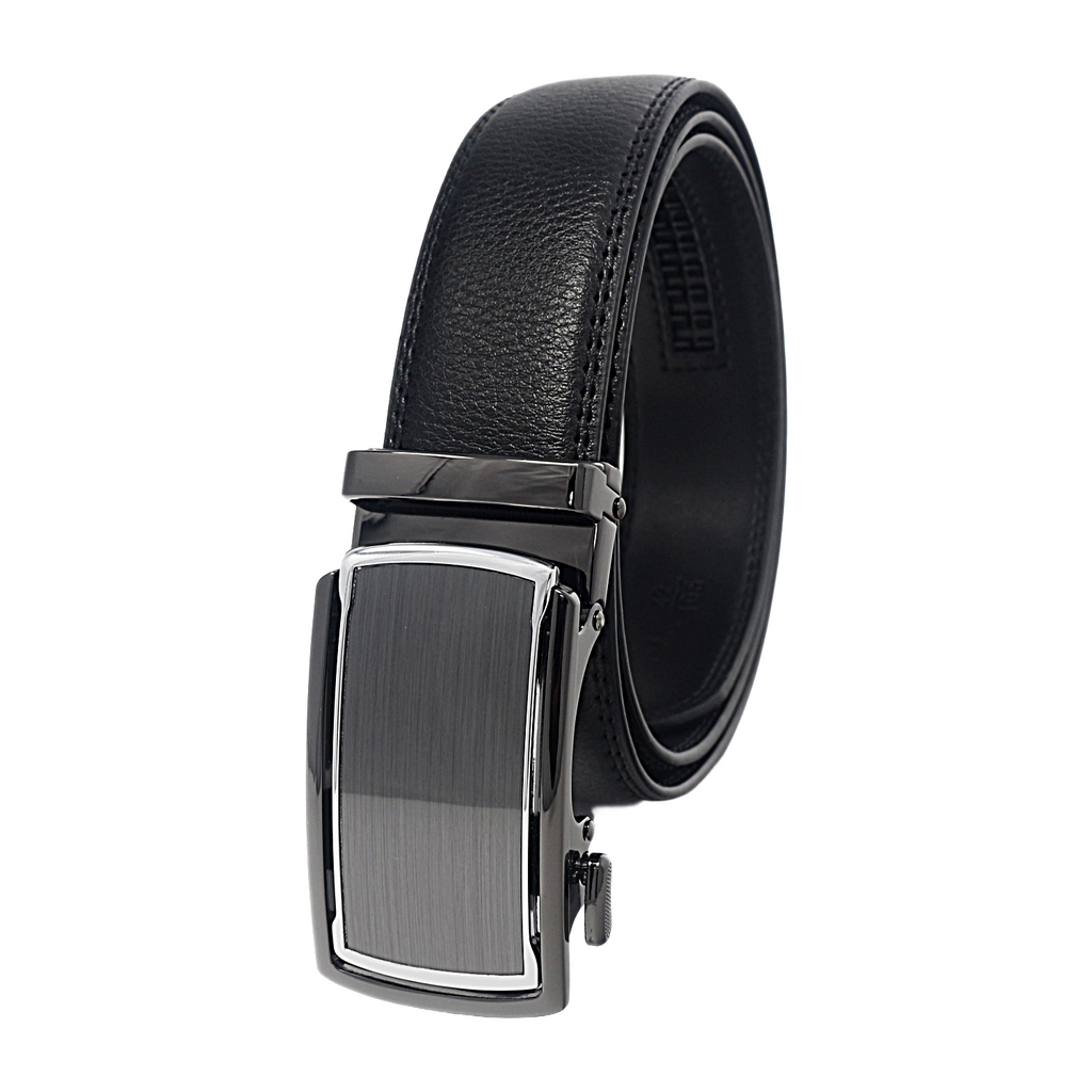 QHA Mens 35mm Ratchet Leather Belt, Diagonal Carbon Fiber Effect Buckle Q78
