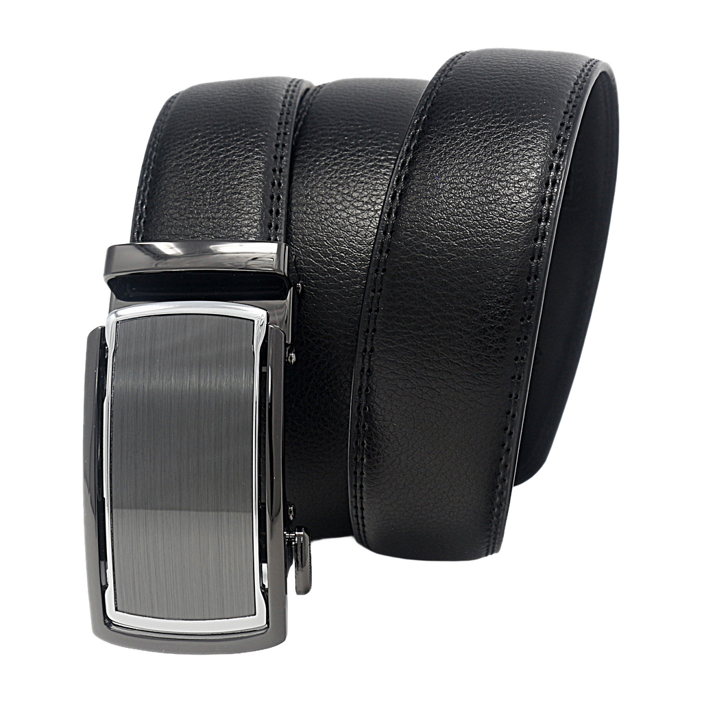 QHA Mens 35mm Ratchet Leather Belt, Diagonal Carbon Fiber Effect Buckle Q78