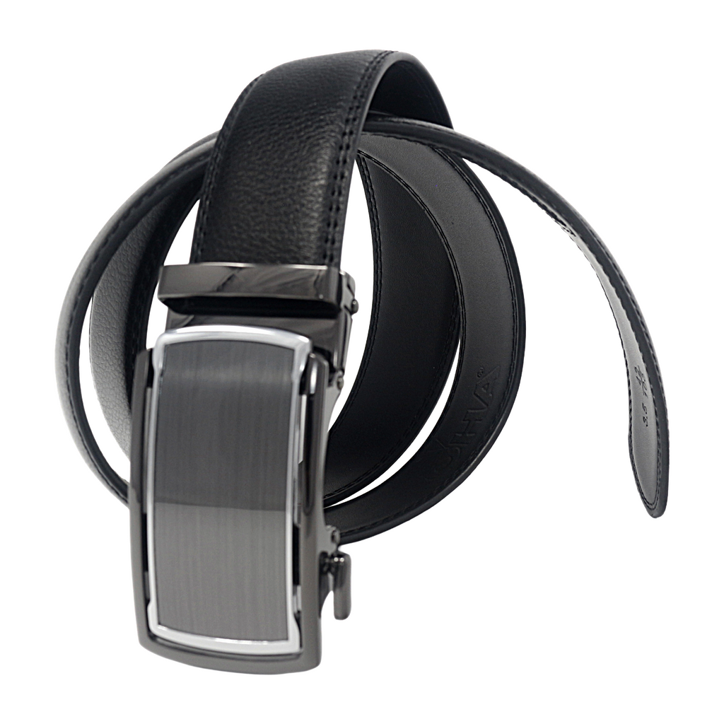 QHA Mens 35mm Ratchet Leather Belt, Diagonal Carbon Fiber Effect Buckle Q78
