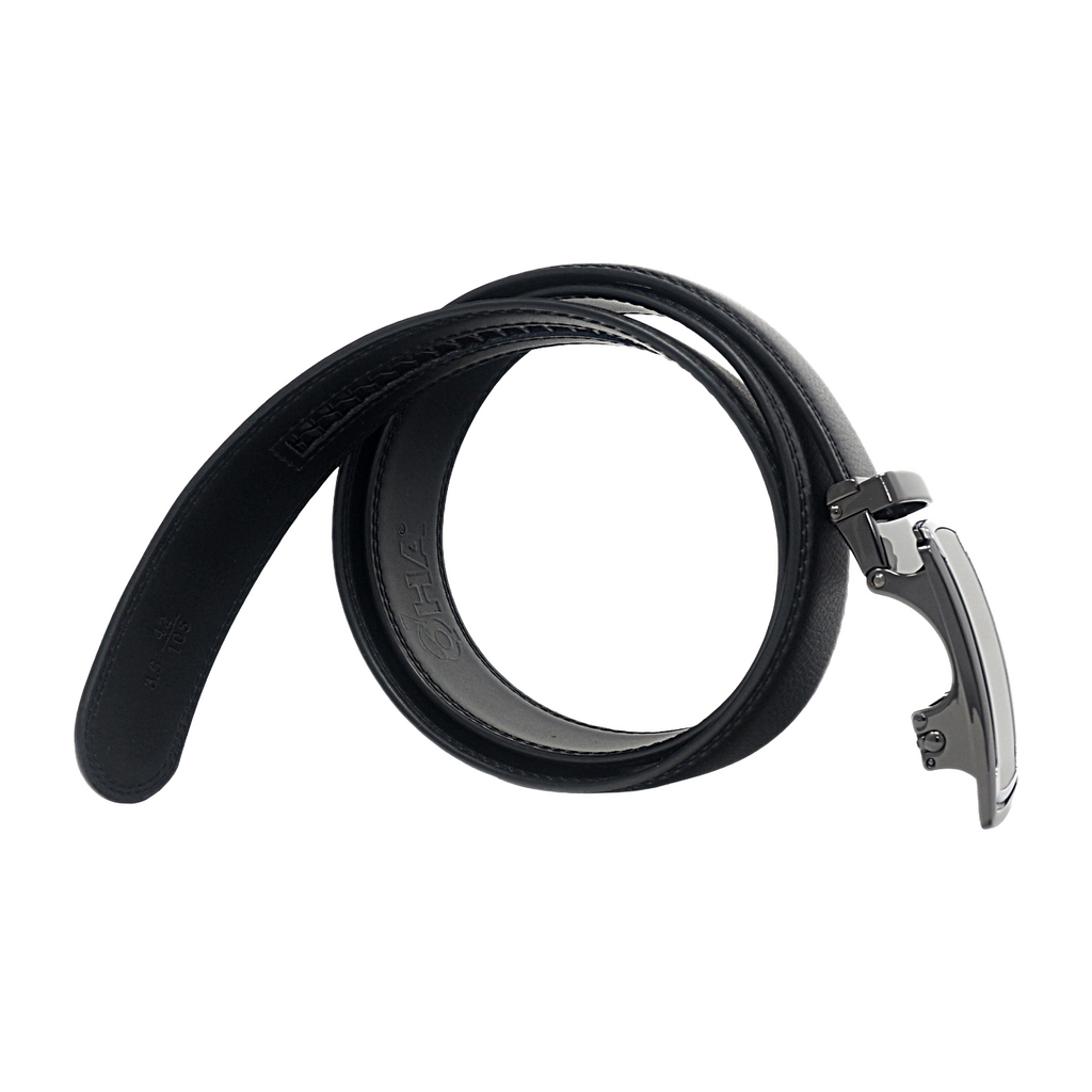 QHA Mens 35mm Ratchet Leather Belt, Diagonal Carbon Fiber Effect Buckle Q78