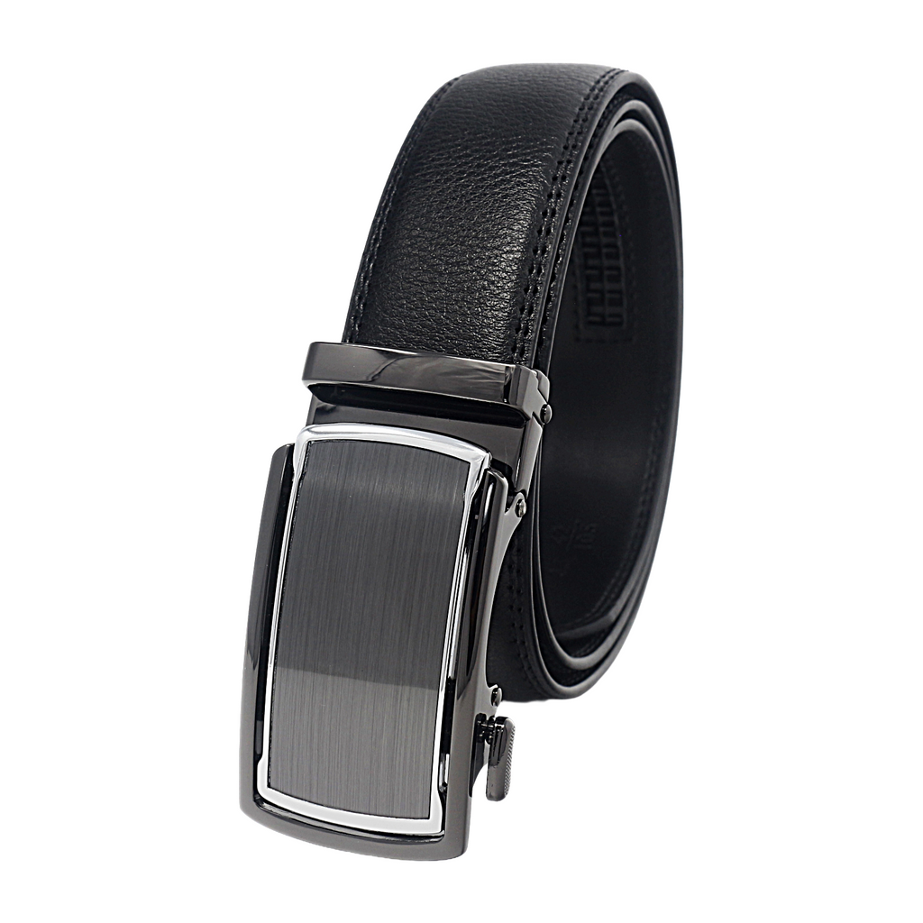 QHA Mens 35mm Ratchet Leather Belt, Diagonal Carbon Fiber Effect Buckle Q78