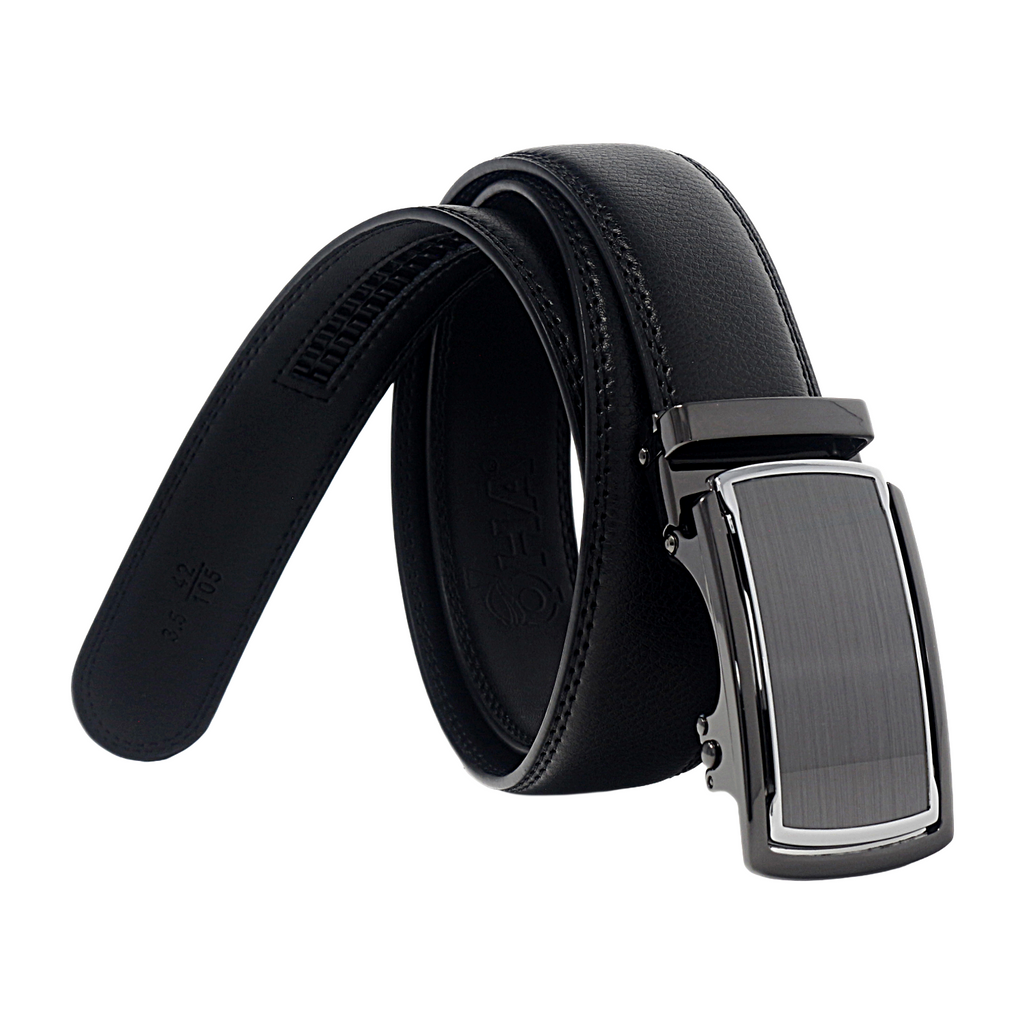QHA Mens 35mm Ratchet Leather Belt, Diagonal Carbon Fiber Effect Buckle Q78