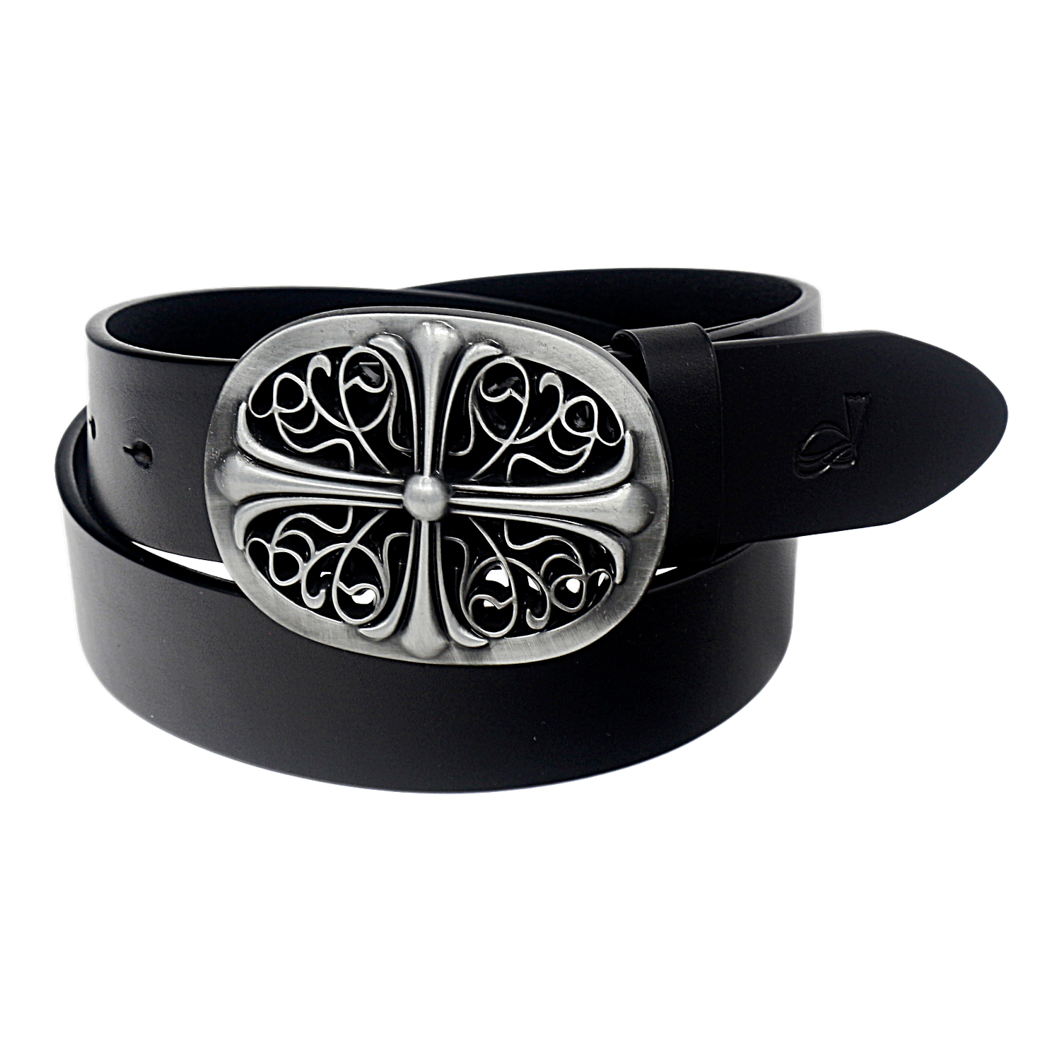 QHA Mens 38mm Full Grain Leather Belt Ornate Antique Style Pin Buckle Casual Q79