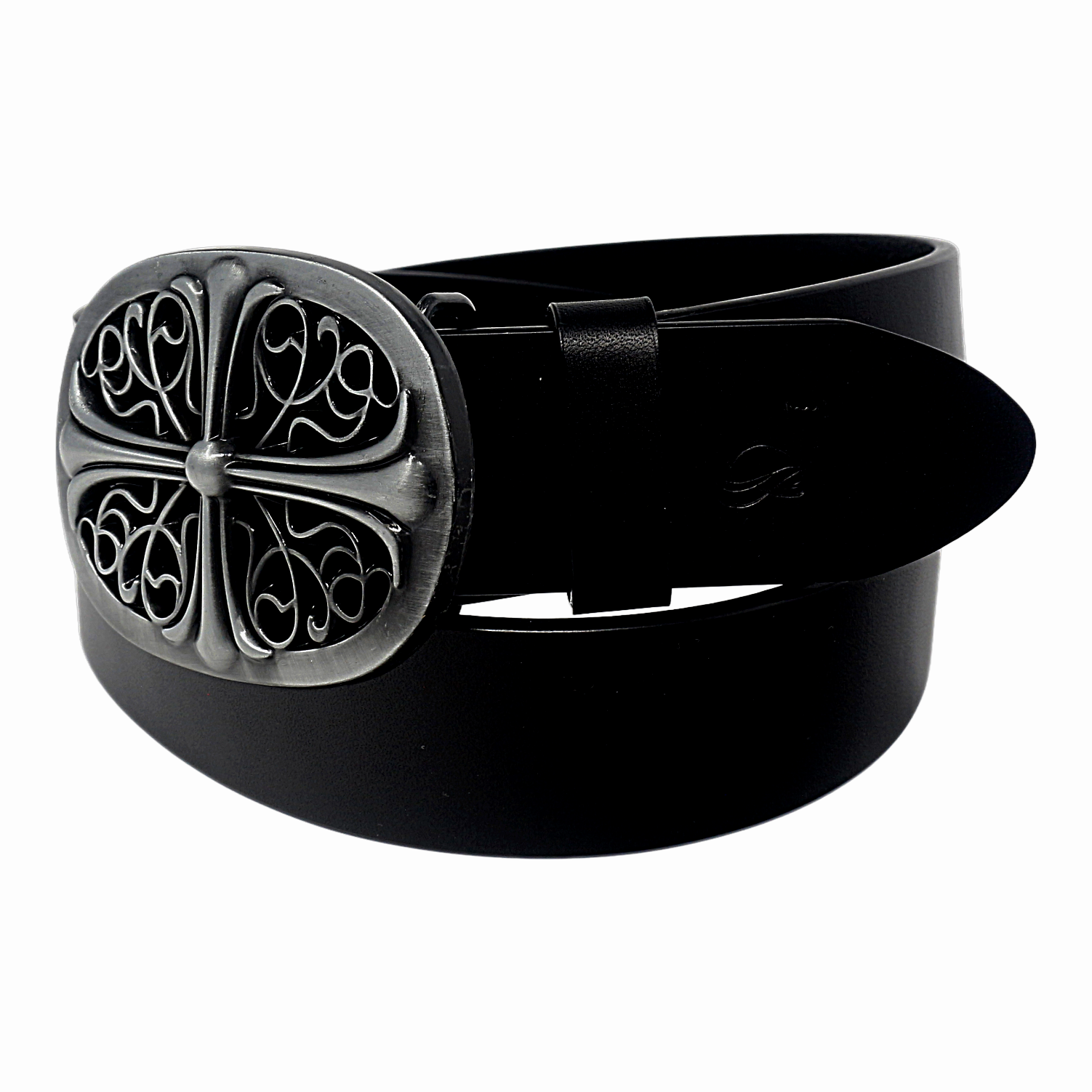 QHA Mens 38mm Full Grain Leather Belt Ornate Antique Style Pin Buckle Casual Q79