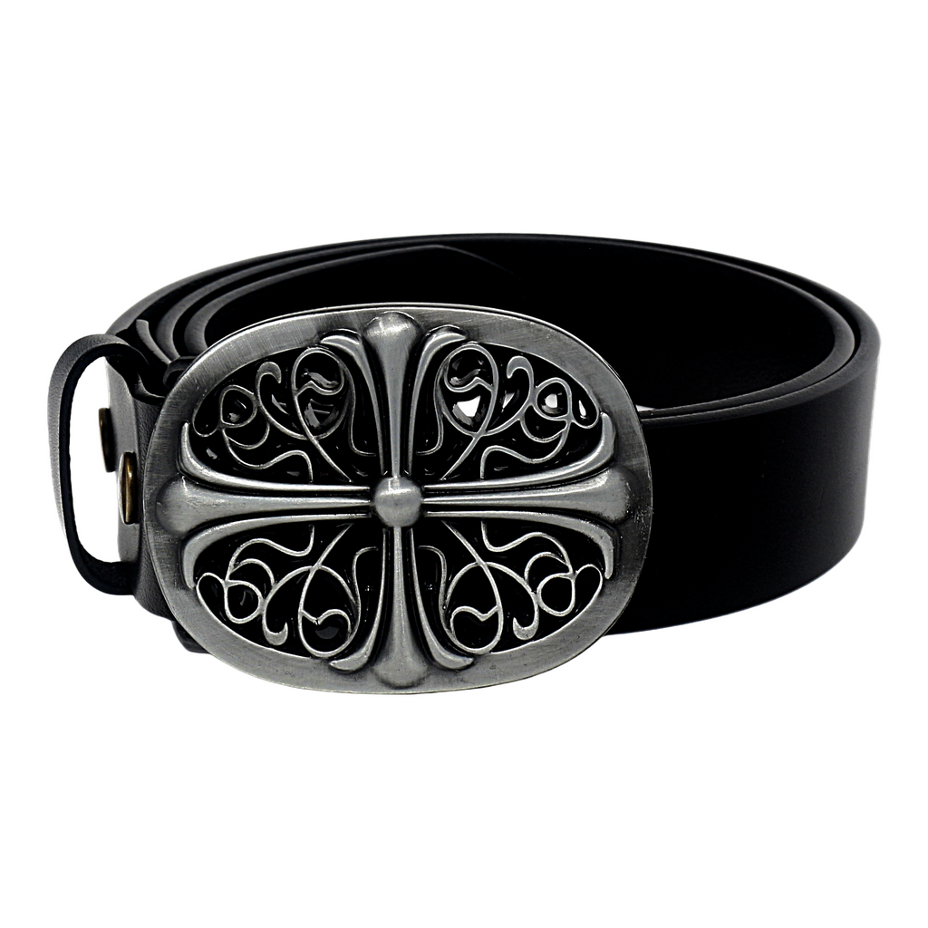 QHA Mens 38mm Full Grain Leather Belt Ornate Antique Style Pin Buckle Casual Q79