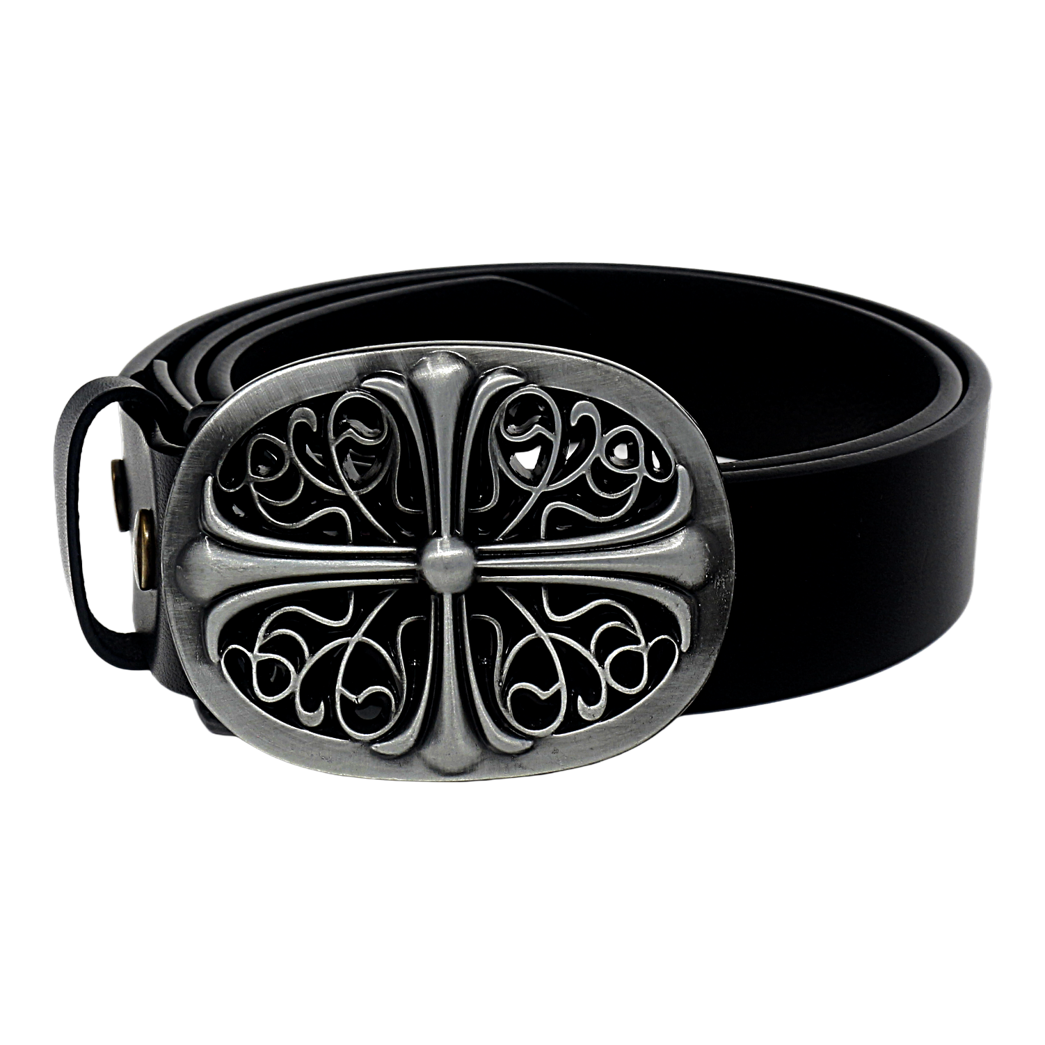 QHA Mens 38mm Full Grain Leather Belt Ornate Antique Style Pin Buckle Casual Q79