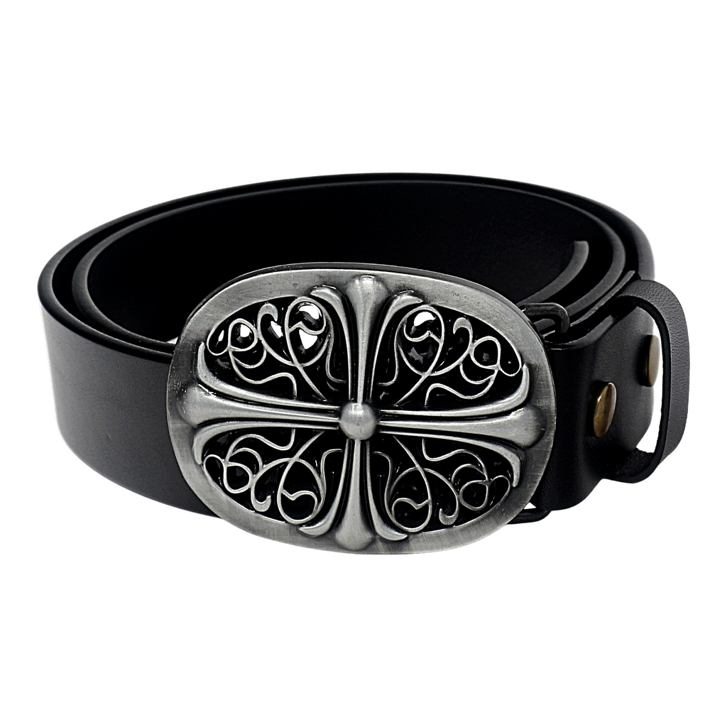 QHA Mens 38mm Full Grain Leather Belt Ornate Antique Style Pin Buckle Casual Q79