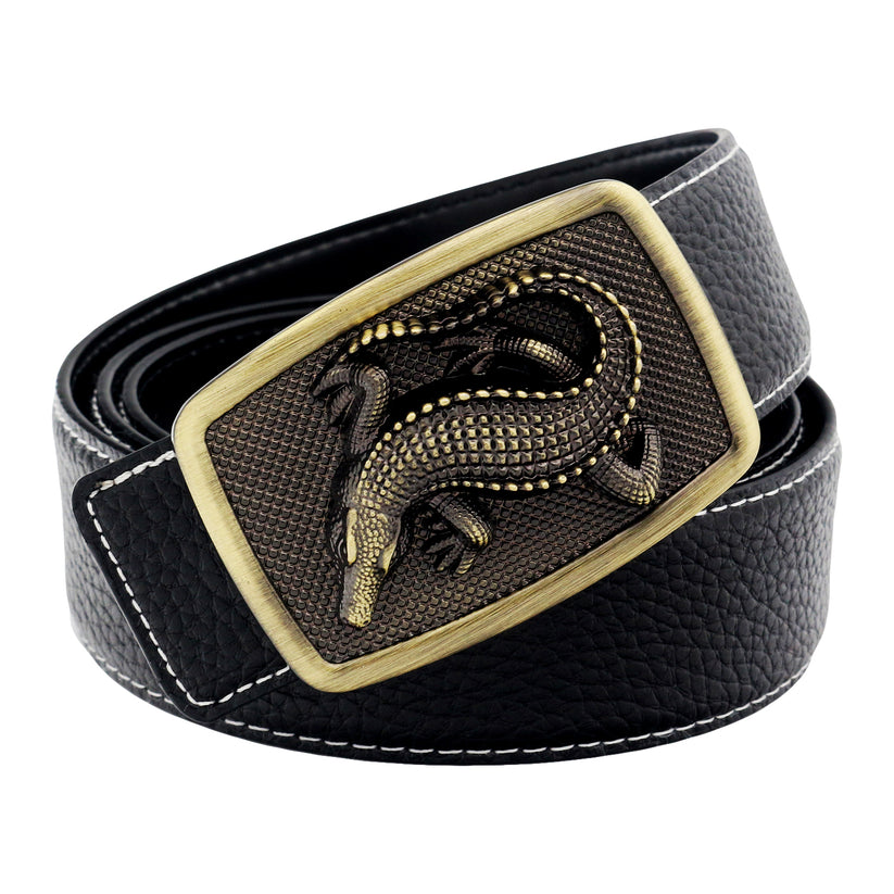QHA Mens 38mm Leather Belt, Sculpted Alligator Crocodile Buckle Q86 - QHA UK