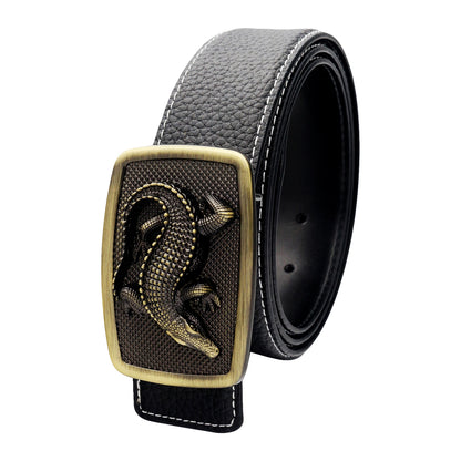 QHA Men's Alligator Buckle Leather Belt – 3D Sculpted, 38mm, Contrast Stitch Q86