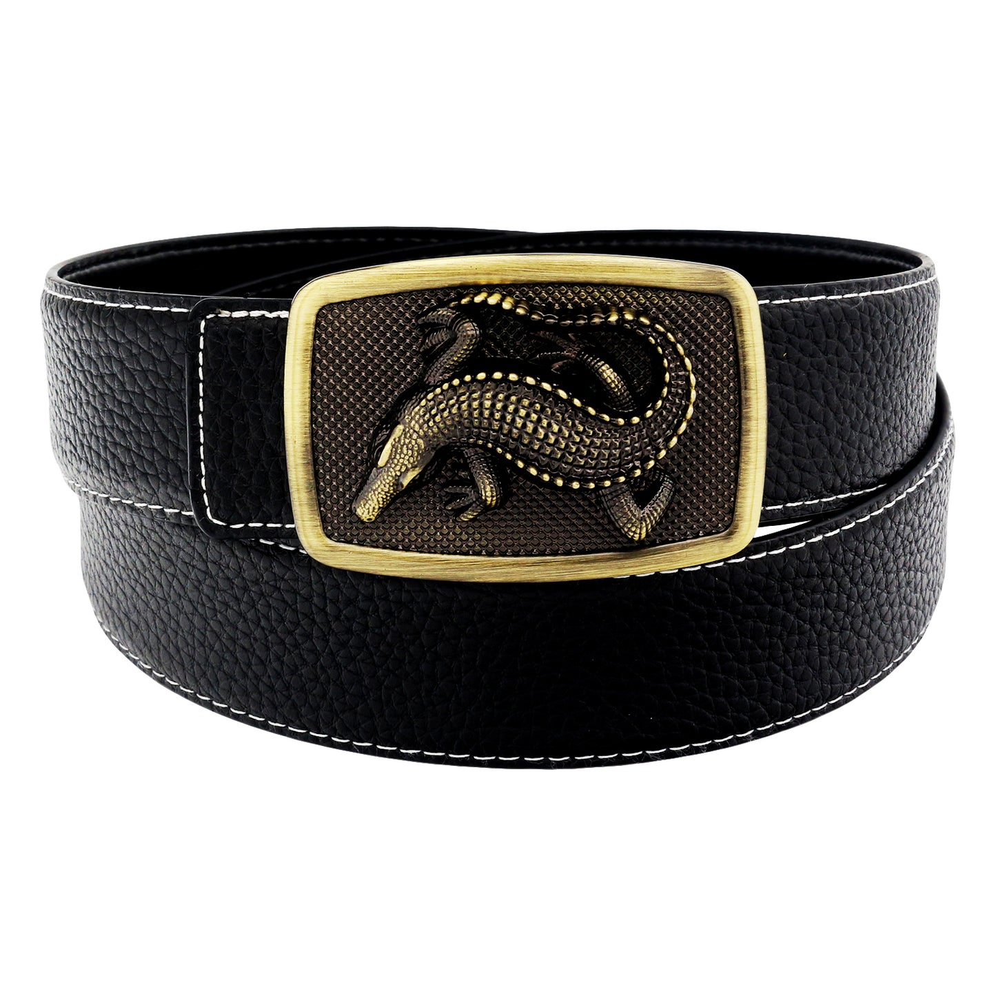 QHA Men's Alligator Buckle Leather Belt – 3D Sculpted, 38mm, Contrast Stitch Q86