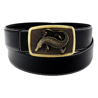 QHA Men's Alligator Buckle Leather Belt – 3D Sculpted, 38mm, Contrast Stitch Q86