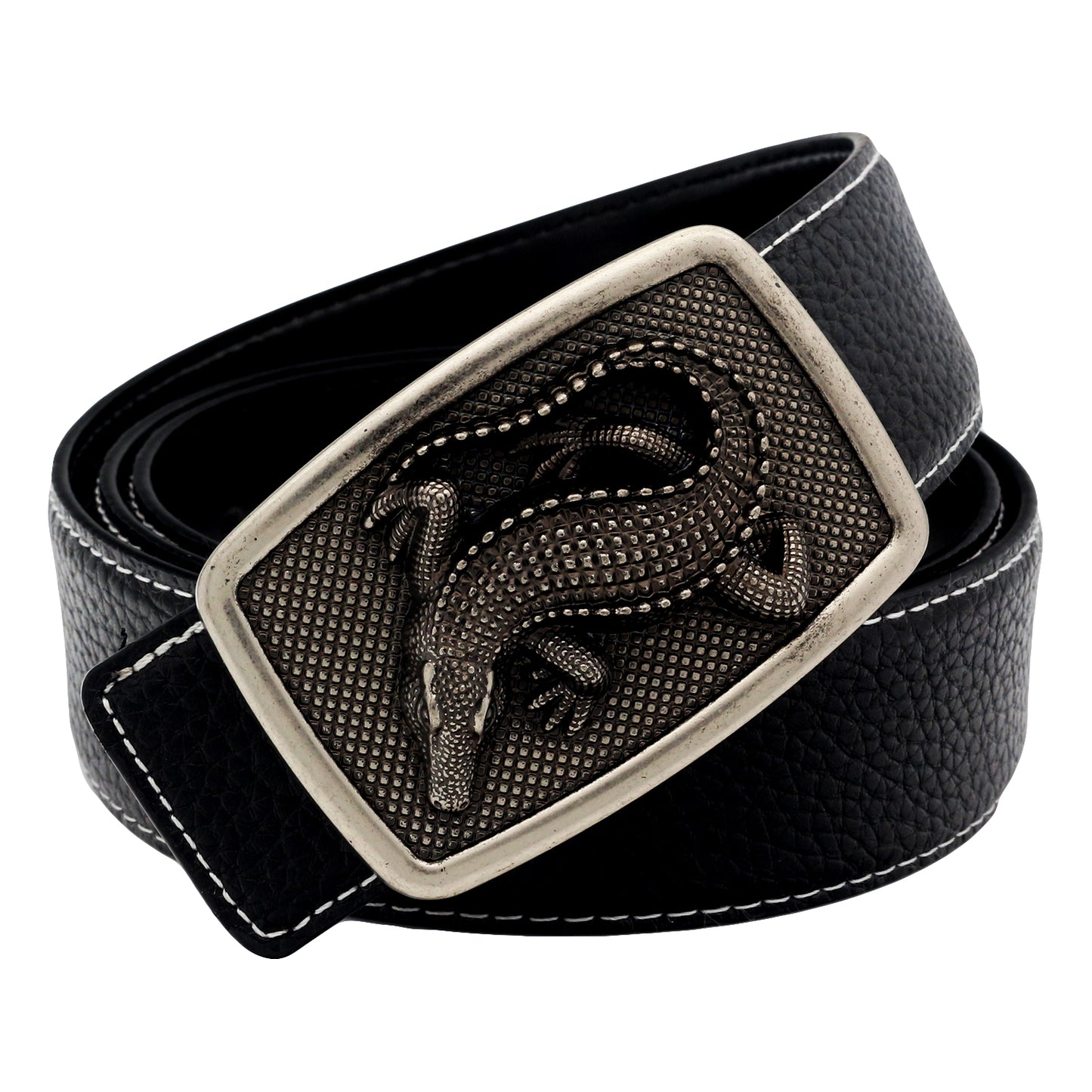 QHA Men's Alligator Buckle Leather Belt – 3D Sculpted, 38mm, Contrast Stitch Q86