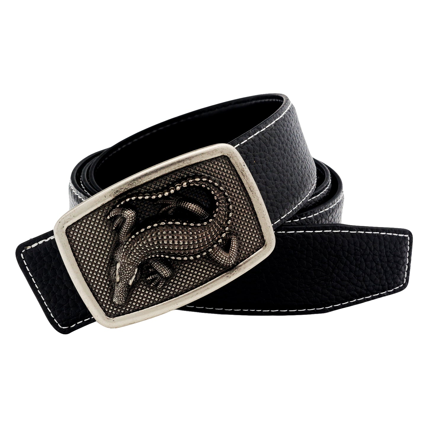 QHA Men's Alligator Buckle Leather Belt – 3D Sculpted, 38mm, Contrast Stitch Q86