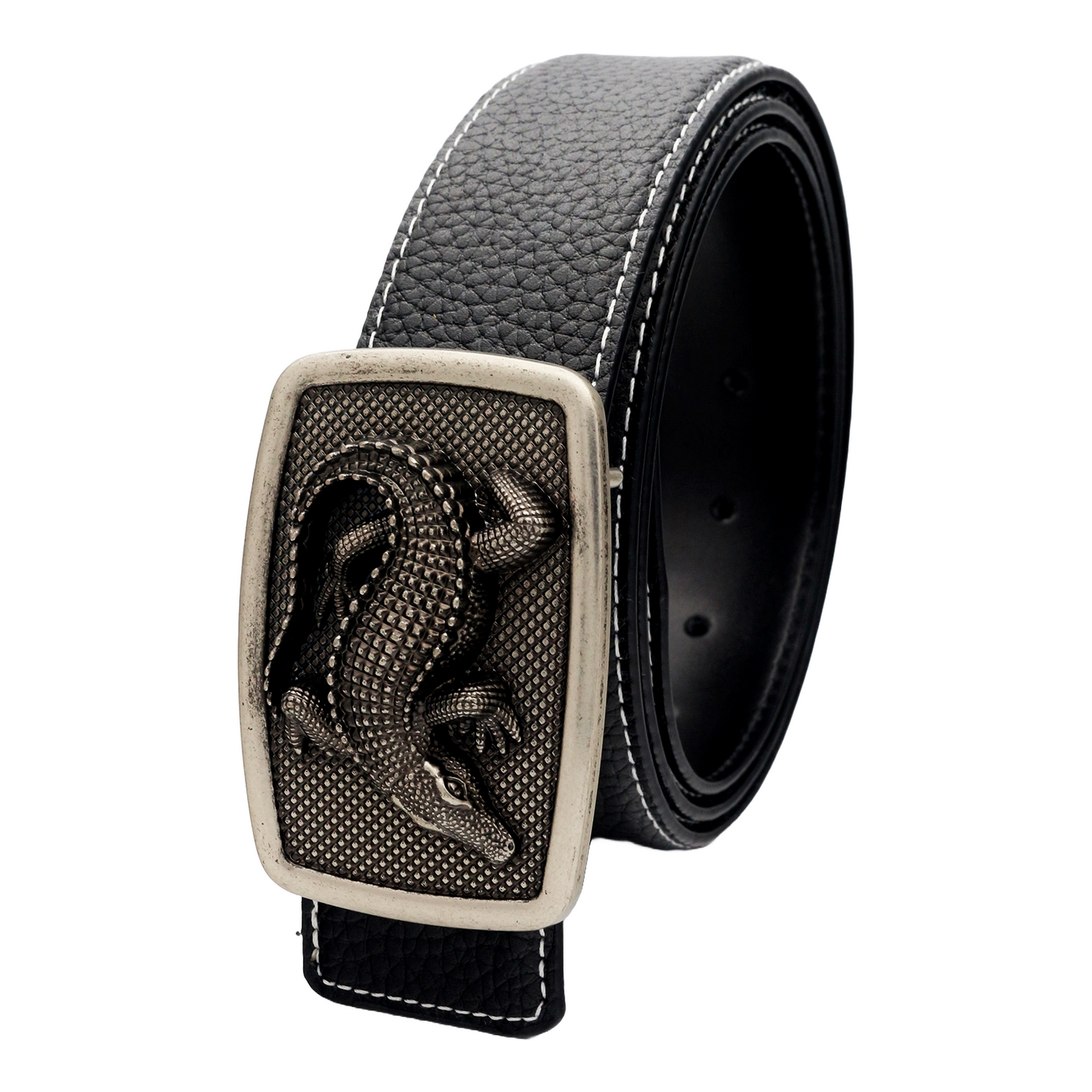 QHA Men's Alligator Buckle Leather Belt – 3D Sculpted, 38mm, Contrast Stitch Q86