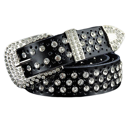 QHA Womens 35mm Real Leather Belt, Rhinestone Crystal Studded Western Bling Q94 - QHA UK