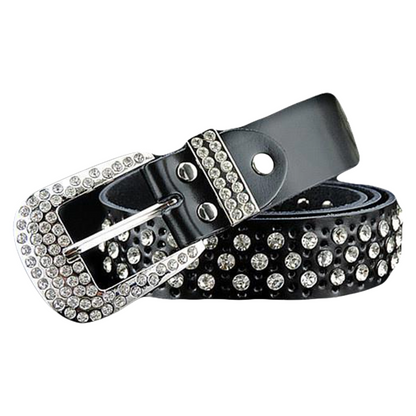 Womens Real Leather Belt, Rhinestone Crystal Studded Western Bling 35mm Q94