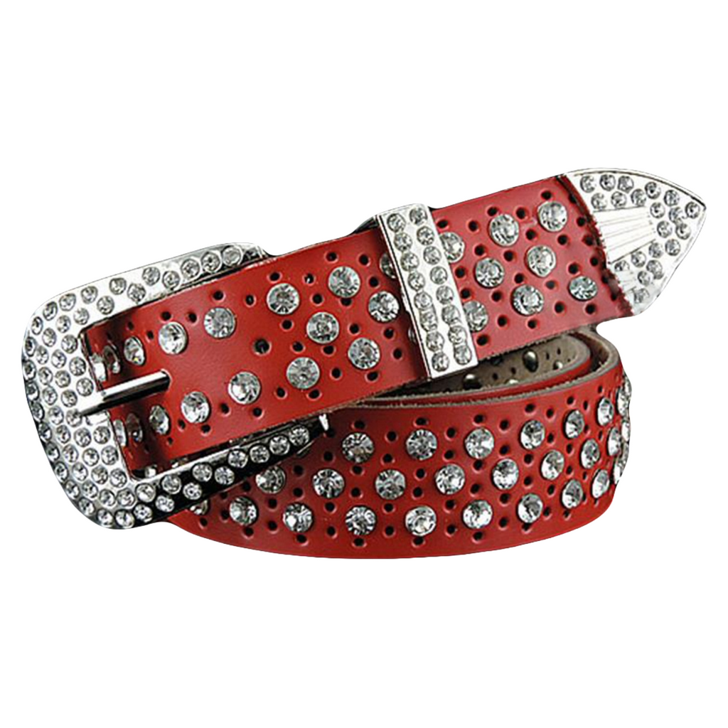 QHA Womens 35mm Real Leather Belt, Rhinestone Crystal Studded Western Bling Q94