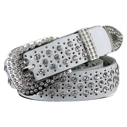 Womens Real Leather Belt, Rhinestone Crystal Studded Western Bling 35mm Q94